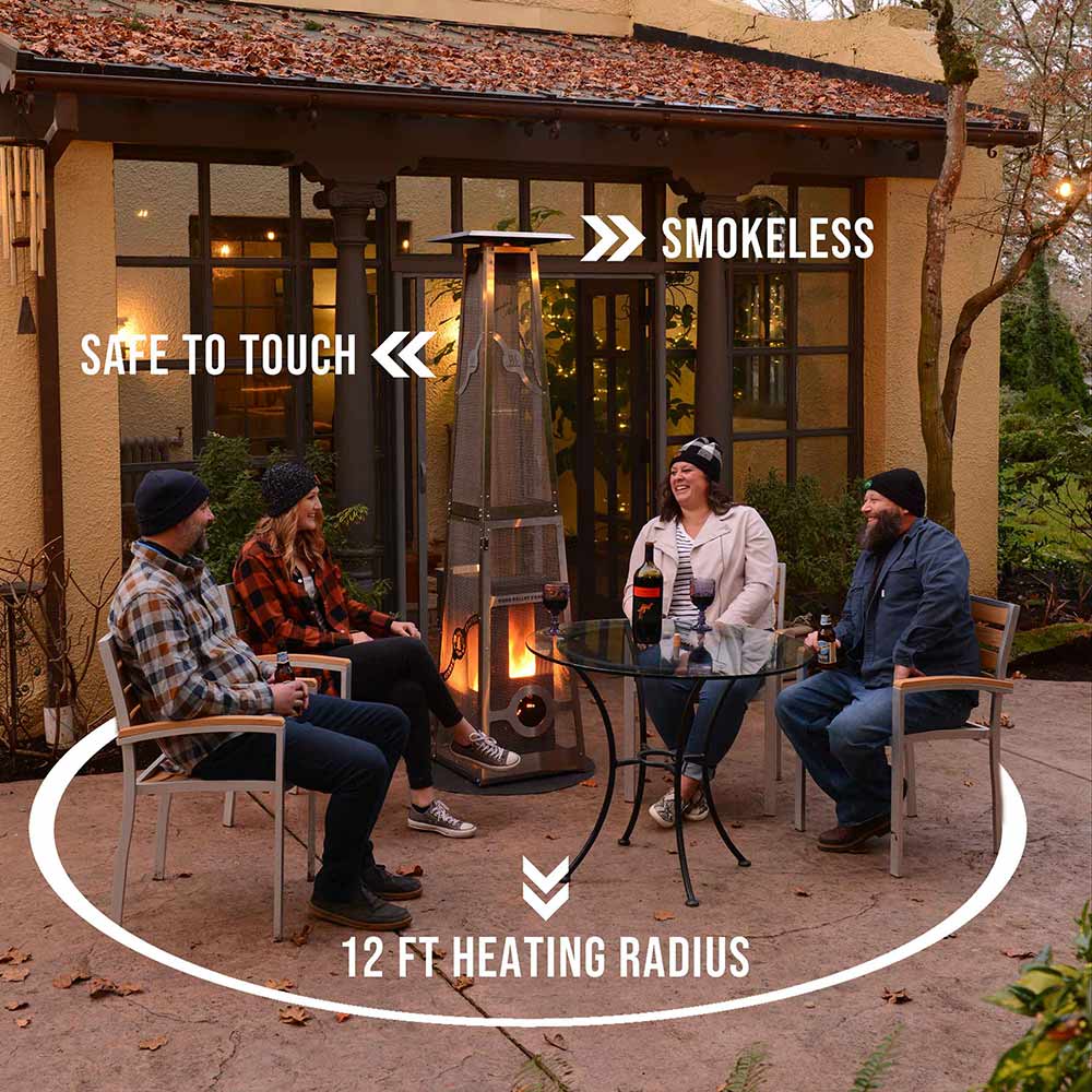 An Elite Timber Patio Heater demonstrating its 450 sq. ft. heating radius