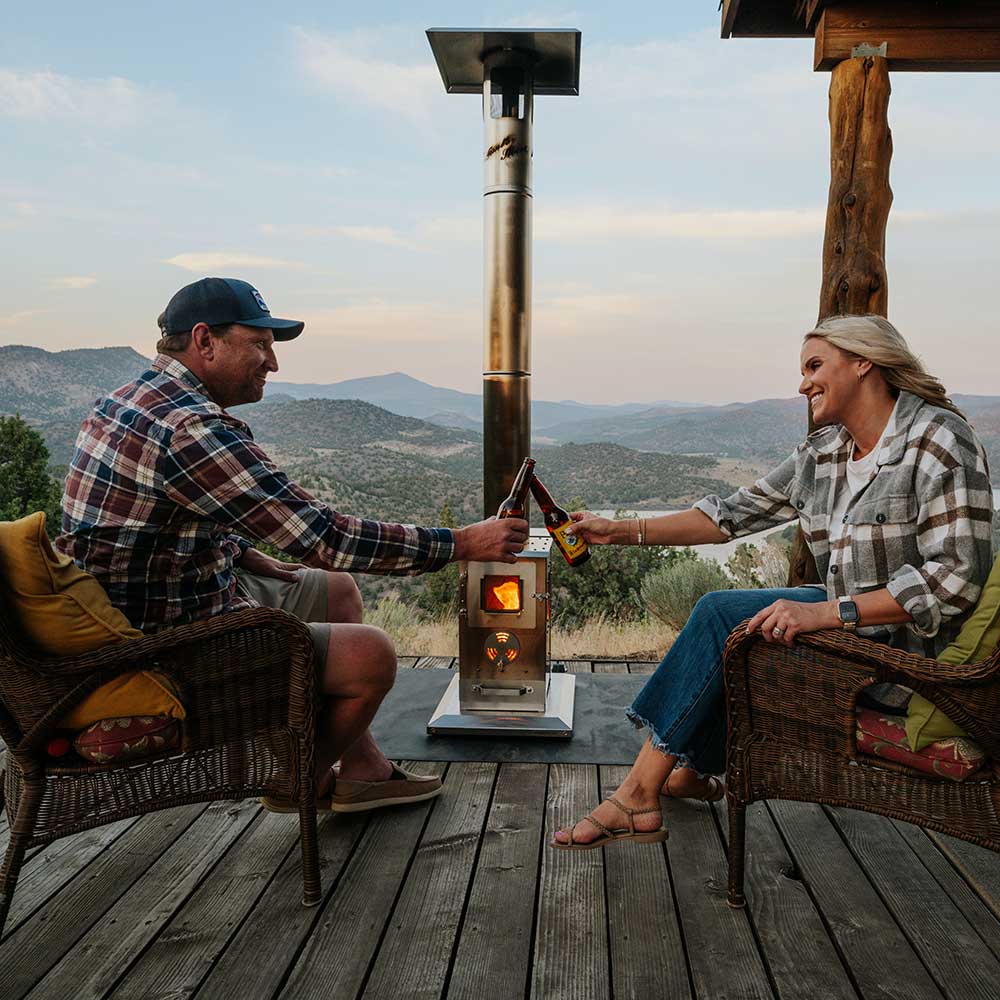 The Lil' Timber patio heater on a backyard deck