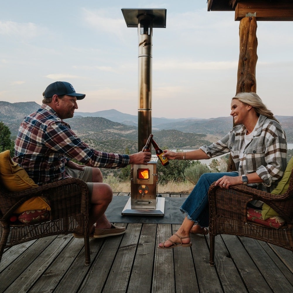 The Lil' Timber patio heater on a backyard deck