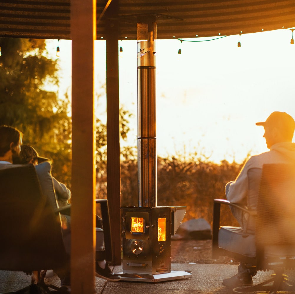 A Timber Patio Heater demonstrating its 300 sq. ft. heating radius